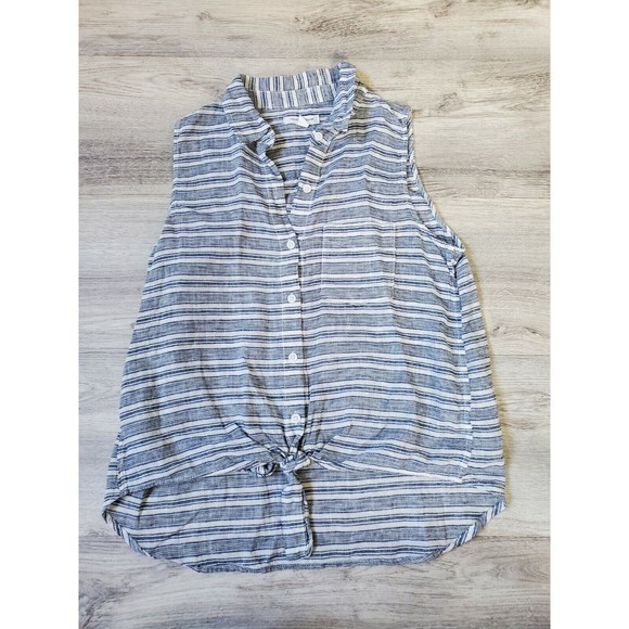 Beach Lunch Lounge Linen Tie Front Shirt Women's Size Small Blue White Striped - Picture 1 of 8